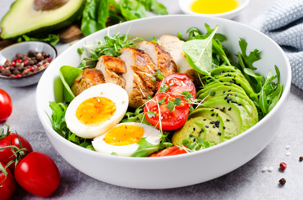 Grilled Chicken Fillet with Fresh Salad, Cherry Tomatoes, Boiled Egg and Avocado, Budha Bowl, Keto Paleo Diet Menu